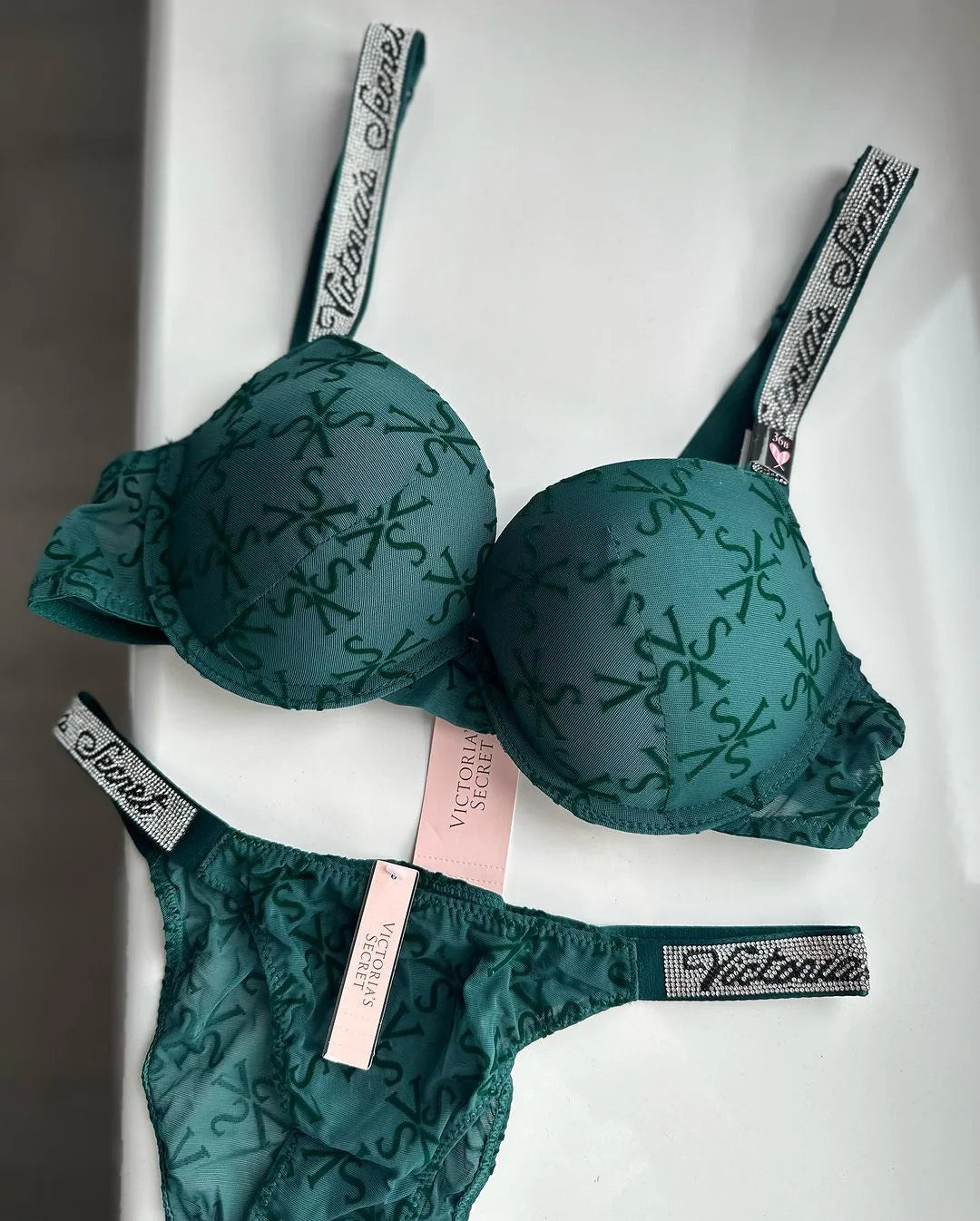 Dark Green Shine Strap Tulle Push-Up Set | Victoria's Secret