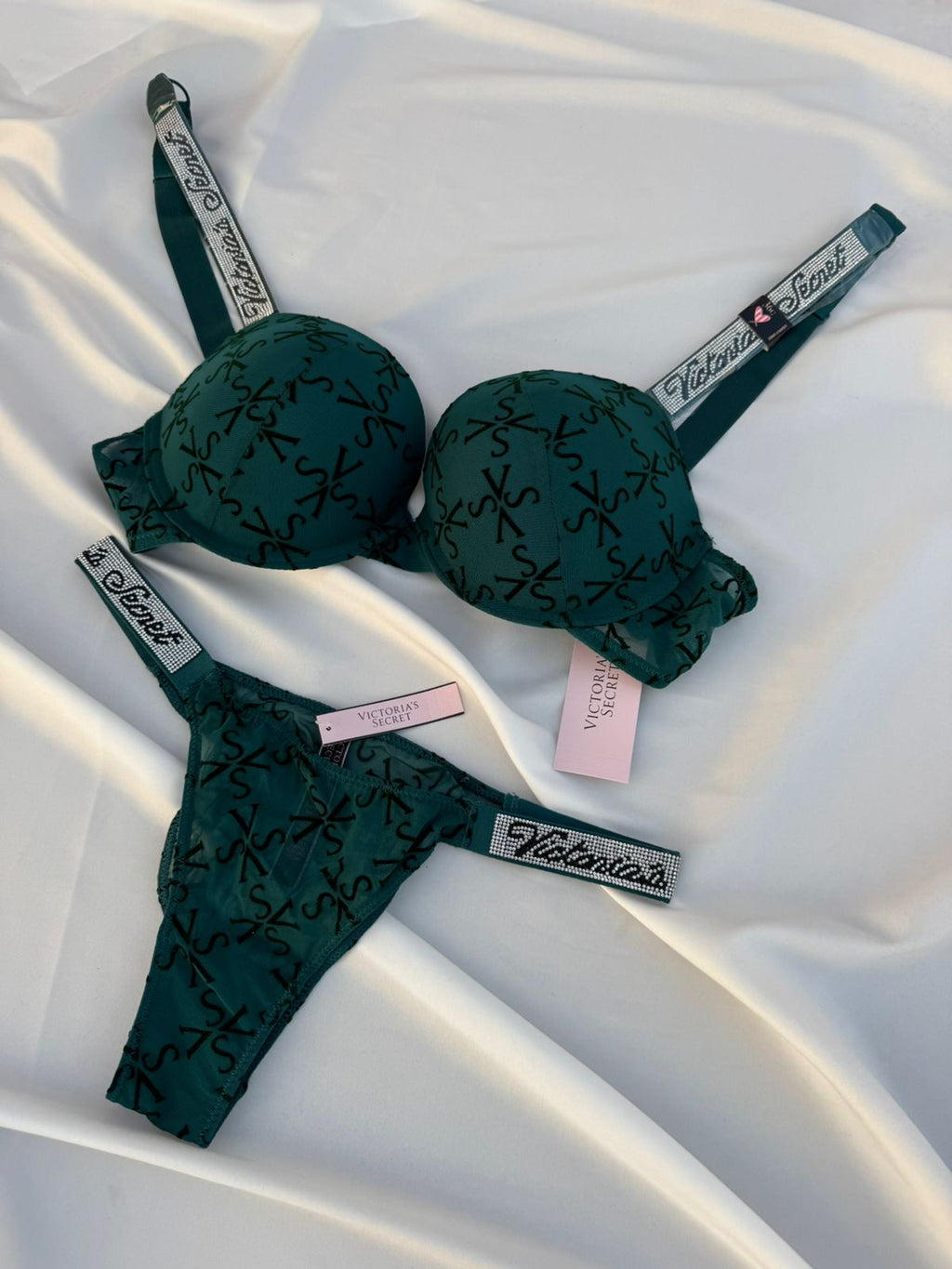 Dark Green Shine Strap Tulle Push-Up Set | Victoria's Secret